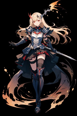 1girl, solo, long hair, breasts, looking at viewer, smile, bangs, skirt, blonde hair, hair ornament, red eyes, thighhighs, gloves, dress, holding, very long hair, weapon, boots, horns, black gloves, elbow gloves, black thighhighs, holding weapon, armor, thigh boots, polearm, black background, armored boots,portrait,illustration