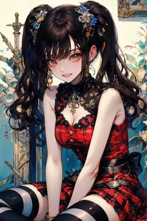 1girl, solo, breasts, looking at viewer, smile, bangs, black hair, thighhighs, dress, cleavage, bare shoulders, twintails, brown eyes, medium breasts, sitting, weapon, teeth, sleeveless, striped, sword, grin, plaid, sleeveless dress, red dress, katana, sheath, striped thighhighs, between legs, v arms, hand between legs, sheathed, plaid dress