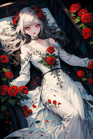 1girl, solo, long hair, red eyes, dress, collarbone, lying, parted lips, on back, white dress, feet out of frame, own hands together, red background, red theme, coffin, red flower,