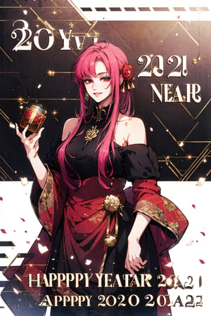 masterpiece,absurdres,best quality,extremely detailed,niji,a mature female,PINK_Long wave hair BAEAK red_china dress,Off Shoulder,Diagonal bangs,（High saturation:1.4),（High contrast:1.4),(happy new year 2024:1.6),MALE