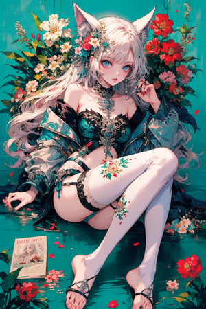 1girl, solo, long hair, breasts, looking at viewer, bangs, blue eyes, thighhighs, animal ears, bare shoulders, medium breasts, swimsuit, ass, flower, white hair, bikini, barefoot, off shoulder, feet, petals, soles, erune,portrait