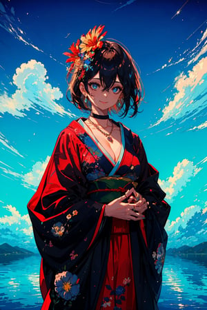 1girl, solo, breasts, looking at viewer, smile, short hair, bangs, blue eyes, black hair, hair ornament, cleavage, hair between eyes, jewelry, medium breasts, closed mouth, flower, outdoors, japanese clothes, sky, choker, day, cloud, hair flower, kimono, water, necklace, blue sky, bird, ring