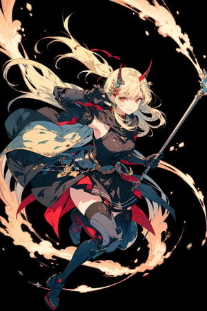 1girl, solo, long hair, breasts, looking at viewer, smile, bangs, skirt, blonde hair, hair ornament, red eyes, thighhighs, gloves, dress, holding, very long hair, weapon, boots, horns, black gloves, elbow gloves, black thighhighs, holding weapon, armor, thigh boots, polearm, black background, armored boots,portrait,illustration