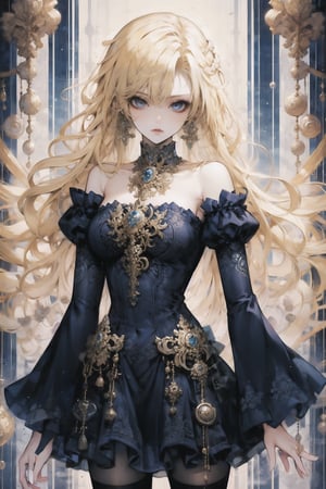 1girl, solo, long hair, breasts, looking at viewer, blue eyes, blonde hair, large breasts, thighhighs, long sleeves, dress, cleavage, bare shoulders, jewelry, standing, pantyhose, earrings, parted lips, detached sleeves, wide sleeves, black dress, halterneck, watermark