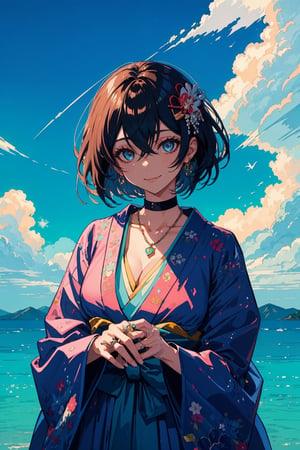 1girl, solo, breasts, looking at viewer, smile, short hair, bangs, blue eyes, black hair, hair ornament, cleavage, hair between eyes, jewelry, medium breasts, closed mouth, flower, outdoors, japanese clothes, sky, choker, day, cloud, hair flower, kimono, water, necklace, blue sky, bird, ring