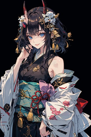 1girl, solo, long hair, breasts, looking at viewer, smile, bangs, blue eyes, large breasts, simple background, black hair, hair ornament, long sleeves, cleavage, bare shoulders, standing, japanese clothes, horns, pointy ears, wide sleeves, kimono, off shoulder, black background, hair stick, black kimono