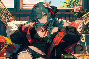 1girl, solo, long hair, breasts, looking at viewer, bangs, hair ornament, red eyes, long sleeves, ribbon, navel, holding, hair between eyes, bare shoulders, sitting, very long hair, collarbone, jacket, hair ribbon, braid, flower, heart, food, green hair, shorts, indoors, hair flower, dark skin, off shoulder, nail polish, dark-skinned female, black jacket, fingernails, head tilt, short shorts, window, single braid, black ribbon, black shorts, sharp fingernails, pacifier