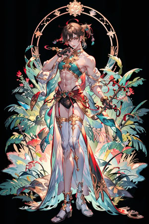 8k, (absurdres, highres, ultra detailed), (1boy:1.3),adult, finely detailed eyes and detailed face, male fashion make up chart:0.5, Stark contrast, light lip, eyeshadow, fashion, abs, body paint, model_pose, wide shot, solo,the fool \tarot\, bard, clown, Symbolism, Visual art, Occult, Universal, Vision casting, Philosophical, Iconography, Numerology, Popularity, Artistic, Alfons Mucha, huge magic circle, attack magic:1.5, Vivid Watercolor Artist, Rainbow watercolors, Flowing colors, Soft washes, Blended hues, Delicate translucency, weapon, 
