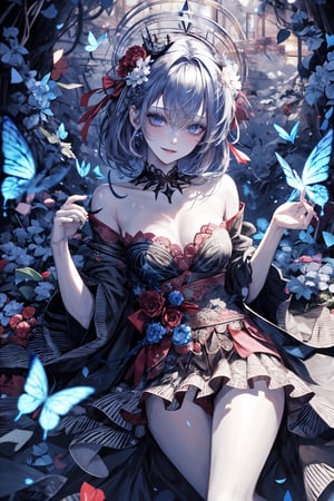 8k, (absurdres, highres, ultra detailed), (1lady), there is a innocent smile girl with butterflies on her head and a butterfly in her hair, stunning anime face portrait, beautiful anime portrait, isabella vampire, glowing blue eyes, pale skin, vampire fangs, crown, thighs, holding skull, anime fantasy artwork, flowers and butterflies, realistic anime art style, realistic anime artstyle, starry_hair, cute, Circle, shiny_skin, shiny_hair, ,High detailed ,Circle,blurry_light_background