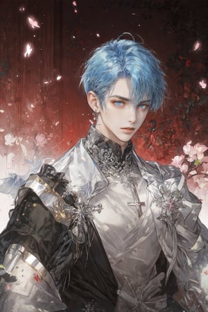 a anime character with blue hair and a black top with a cross on it's chest and a red background, Cosmo Alexander, official art, a character portrait, rococo.
ahoge, bangs, bare_shoulders, blue_hair, ear_piercing, earrings, eyebrows_visible_through_hair, jewelry, looking_at_viewer, male_focus, multicolored_hair, piercing, pink_hair, red_background, see-through, sleeveless, solo, star_earrings.