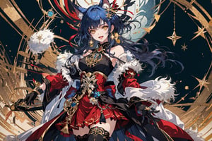 1girl, solo, long hair, breasts, looking at viewer, smile, open mouth, bangs, thighhighs, gloves, dress, holding, animal ears, bare shoulders, jewelry, medium breasts, blue hair, standing, yellow eyes, :d, earrings, boots, detached sleeves, black gloves, black thighhighs, wide sleeves, armpits, star \(symbol\), official alternate costume, fur trim, wavy hair, red dress, christmas, single earring, erune, fur-trimmed sleeves, underboob cutout, ferry \(granblue fantasy\)