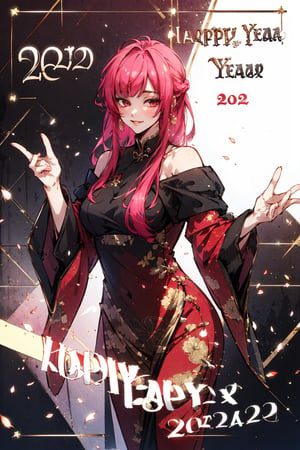 masterpiece,absurdres,best quality,extremely detailed,niji,a mature female,PINK_Long wave hair BAEAK red_china dress,Off Shoulder,Diagonal bangs,（High saturation:1.4),（High contrast:1.4),(happy new year 2024:1.6)