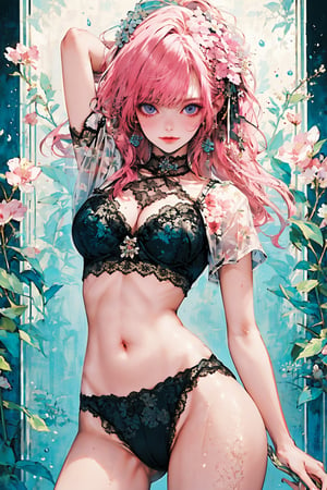1girl, solo, long hair, breasts, looking at viewer, blush, smile, bangs, large breasts, hair ornament, navel, cleavage, closed mouth, underwear, standing, collarbone, panties, pink hair, flower, short sleeves, sidelocks, thighs, cowboy shot, open clothes, pointy ears, hair flower, pink eyes, stomach, bra, mole, arms up, groin, see-through, black panties, highleg, lingerie, black bra, elf, lace trim, arms behind head, lace, bubble, contrapposto, mole on breast, highleg panties, string panties, lace-trimmed panties, lace-trimmed bra, lace panties, multi-strapped panties