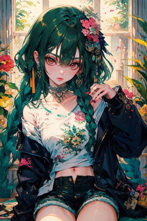 1girl, solo, long hair, breasts, looking at viewer, bangs, hair ornament, red eyes, long sleeves, ribbon, navel, holding, hair between eyes, bare shoulders, sitting, very long hair, collarbone, jacket, hair ribbon, braid, flower, heart, food, green hair, shorts, indoors, hair flower, dark skin, off shoulder, nail polish, dark-skinned female, black jacket, fingernails, head tilt, short shorts, window, single braid, black ribbon, black shorts, sharp fingernails, pacifier