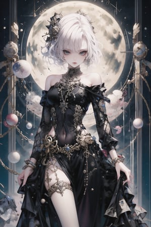 1girl, solo, breasts, looking at viewer, short hair, bangs, blue eyes, large breasts, red eyes, dress, cleavage, bare shoulders, jewelry, medium breasts, closed mouth, standing, collarbone, white hair, thighs, outdoors, sky, hand up, off shoulder, black dress, bracelet, covered navel, night, heterochromia, moon, cross, night sky, full moon, side slit, off-shoulder dress