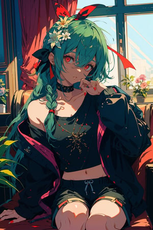 1girl, solo, long hair, breasts, looking at viewer, bangs, hair ornament, red eyes, long sleeves, ribbon, navel, holding, hair between eyes, bare shoulders, sitting, very long hair, collarbone, jacket, hair ribbon, braid, flower, heart, food, green hair, shorts, indoors, hair flower, dark skin, off shoulder, nail polish, dark-skinned female, black jacket, fingernails, head tilt, short shorts, window, single braid, black ribbon, black shorts, sharp fingernails, pacifier