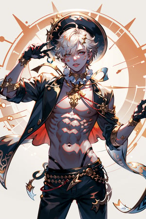 8k, (absurdres, highres, ultra detailed), (1boy:1.3),adult, finely detailed eyes and detailed face, male fashion make up chart:0.5, Stark contrast, light lip, eyeshadow, fashion, abs, body paint, model_pose, wide shot, solo,the fool \tarot\, bard, clown, Symbolism, Visual art, Occult, Universal, 