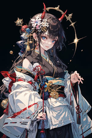 1girl, solo, long hair, breasts, looking at viewer, smile, bangs, blue eyes, large breasts, simple background, black hair, hair ornament, long sleeves, cleavage, bare shoulders, standing, japanese clothes, horns, pointy ears, wide sleeves, kimono, off shoulder, black background, hair stick, black kimono