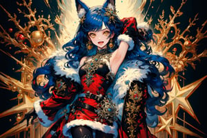 1girl, solo, long hair, breasts, looking at viewer, smile, open mouth, bangs, thighhighs, gloves, dress, holding, animal ears, bare shoulders, jewelry, medium breasts, blue hair, standing, yellow eyes, :d, earrings, boots, detached sleeves, black gloves, black thighhighs, wide sleeves, armpits, star \(symbol\), official alternate costume, fur trim, wavy hair, red dress, christmas, single earring, erune, fur-trimmed sleeves, underboob cutout, ferry \(granblue fantasy\),portrait