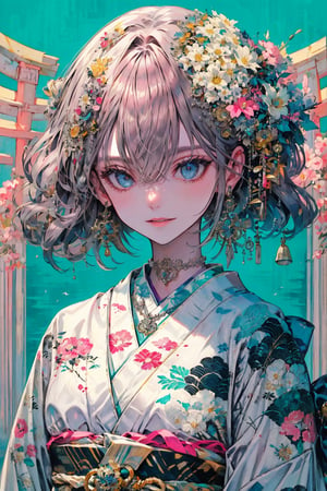 1girl, solo, breasts, looking at viewer, smile, hair ornament, bangs, blue eyes, GREY hair, hair ornament, cleavage, hair between eyes, jewelry, medium breasts, closed mouth, flower, outdoors, japanese clothes, sky, choker, day, cloud, hair flower, kimono, water, necklace, blue sky, bird, ring, Torii,