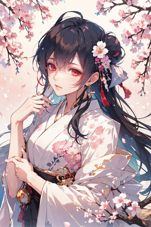 1girl, solo, long hair, looking at viewer, bangs, black hair, hair ornament, red eyes, jewelry, upper body, flower, sidelocks, earrings, parted lips, japanese clothes, pointy ears, hair flower, blunt bangs, kimono, hair bun, sash, petals, double bun, makeup, obi, tassel