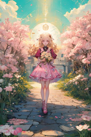 a noble little girl wearing a pink dress and a daisy tiptoes towards a boy with curly hair, reaching out a delicate rose in a thornless stem, standing on cobblestone pavement, under a cloudless sky, with a row of blooming cherry blossom trees in the background, captured with a Canon EOS 5D Mark IV camera, 50mm lens, medium shot focusing on the girl’s tender gesture, in a style reminiscent of a romantic oil painting by Thomas Kinkade. ,midjourney,Anitoon2,Circle