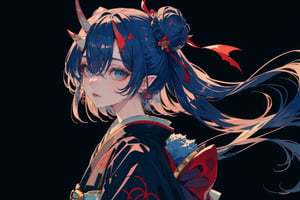 1girl, solo, looking at viewer, bangs, blue eyes, black hair, bow, jewelry, closed mouth, blue hair, upper body, hair bow, earrings, japanese clothes, horns, pointy ears, kimono, hair bun, hair over one eye, from side, black bow, tattoo, blue background, oni horns, oni, black kimono