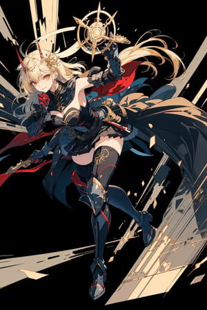 1girl, solo, long hair, breasts, looking at viewer, smile, bangs, skirt, blonde hair, hair ornament, red eyes, thighhighs, gloves, dress, holding, very long hair, weapon, boots, horns, black gloves, elbow gloves, black thighhighs, holding weapon, armor, thigh boots, polearm, black background, armored boots,portrait,illustration,fcloseup