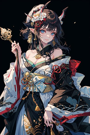 1girl, solo, long hair, breasts, looking at viewer, smile, bangs, blue eyes, large breasts, simple background, black hair, hair ornament, long sleeves, cleavage, bare shoulders, standing, japanese clothes, horns, pointy ears, wide sleeves, kimono, off shoulder, black background, hair stick, black kimono