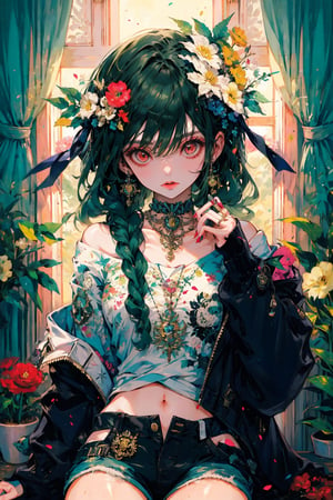 1girl, solo, long hair, breasts, looking at viewer, bangs, hair ornament, red eyes, long sleeves, ribbon, navel, holding, hair between eyes, bare shoulders, sitting, very long hair, collarbone, jacket, hair ribbon, braid, flower, heart, food, green hair, shorts, indoors, hair flower, dark skin, off shoulder, nail polish, dark-skinned female, black jacket, fingernails, head tilt, short shorts, window, single braid, black ribbon, black shorts, sharp fingernails, pacifier