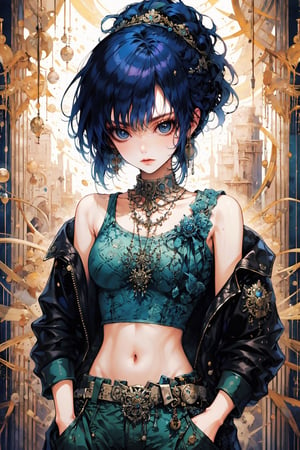 1girl, solo, breasts, looking at viewer, bangs, blue eyes, navel, cleavage, bare shoulders, jewelry, closed mouth, blue hair, collarbone, jacket, ponytail, weapon, cowboy shot, earrings, midriff, belt, pants, off shoulder, crop top, tank top, denim, ground vehicle, motor vehicle, hands in pockets, car