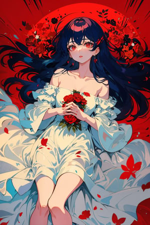 1girl, solo, long hair, red eyes, dress, collarbone, lying, parted lips, on back, white dress, feet out of frame, own hands together, red background, red theme, coffin, red flower,Illustration
