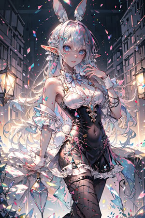 8k, (absurdres, highres, ultra detailed), female ( black skin elf), ength red hair, best quality, masterpiece, detailed, 16k, beautiful detailed face, beautiful detailed eyes, 8k, female_solo, perfect body, perfect face, 1 beautiful woman, (colored shoulder-length Length hair), blue eye, pink skin, bunnysuit, pantyhose, fake bunny ears, wrist cuffs, bowtie, , bbunnysuit, girl, 1 girl, skirt_tail, yuzu, fishnet top, More Detail,societtedef,blurry_light_background