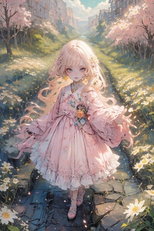 a noble little girl wearing a pink dress and a daisy tiptoes towards a boy with curly hair, reaching out a delicate rose in a thornless stem, standing on cobblestone pavement, under a cloudless sky, with a row of blooming cherry blossom trees in the background, captured with a Canon EOS 5D Mark IV camera, 50mm lens, medium shot focusing on the girl’s tender gesture, in a style reminiscent of a romantic oil painting by Thomas Kinkade. ,midjourney,Anitoon2,Circle,firefliesfireflies