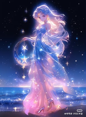 a girl in a long dress standing on the beach, beauttiful stars, pinterest anime, beautiful stars, falling star on the background, the sailor moon. beautiful, twinkling stars, night time with starry sky, night stars, very beautiful fantasy art, anime fantasy artwork, luminous stellar sky, very magical and dreamy, wallpaper anime blue water, cosmic goddess