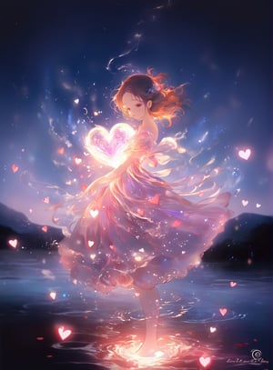 a girl in a dress standing in the water, magic heart, heart effects, glory be to the magic within, pinterest anime, beautiful gorgeous digital art, my heart is human, very beautiful digital art, falling hearts, beautiful digital artwork, flaming heart, real heart, beautiful flowing feeling, beautiful digital art, love is begin of all, the energy of dreams