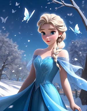 a girl in a blue dress with butterflies flying around her, elsa frozen, pinterest anime, disney art, anime vfx, beautiful elsa, disney princess, beautiful anime art, cgsociety 9, anime picture, beautiful anime style, disney pixar movie still, animated movie still, hd anime wallpaper, portrait of elsa of arendelle, beautiful adult fairy, by Glen, Keane, in winter playing with snow horse