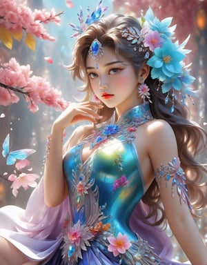 A portrait of a girl in attire and adorned with crystals and flowers, dynamic pose,  anime aesthetic,  realistic color schemes,  uhd image,  colorful caricature, ,beautymix,cutegirlmix