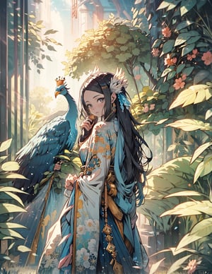 a close up of a woman with red hair and a feather clown, anime fantasy artwork, anime fantasy illustration, fantasy gorgeous lighting, beautiful fantasy portrait, side portrait of elven royalty, wlop painting style, beautiful fantasy art portrait, colored manga art, realistic anime style at pixiv, crystalline translucent hair, onmyoji detailed art, with peacock, cute looking at me,Niji Slime,huayu