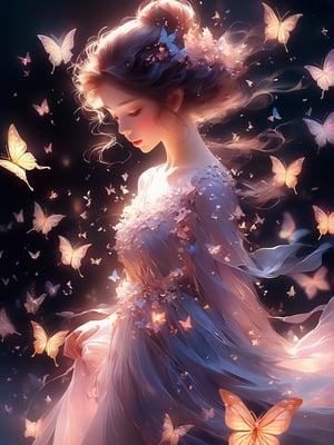 a woman in a long dress surrounded by butterflies, beautiful gorgeous digital art, gorgeous digital art, stunning 3d render of a fairy, exquisite digital art, softly swirling magical energy, beautiful digital artwork, pinterest anime, very beautiful digital art, beautiful digital art, glowing butterflies, stunning digital art, by Charlie Bowater, aura of magic around her, harmony of butterfly