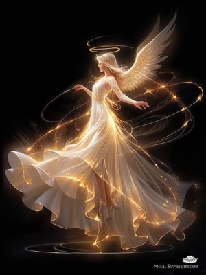 a woman in a white dress is dancing, by Anne Stokes, biblically acurate angel, tron angel, angelic light, angels in white gauze dresses, angel spirit guide, of an beautiful angel girl, flying angels, infinite angelic wings, angelic wings, tall female angel, by Nele Zirnite, wings made of light, angel, very beautiful fantasy art
