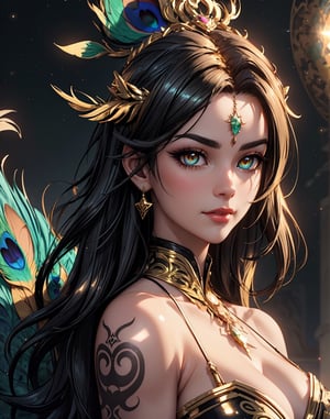 ultrarealistic digital image of a very beautiful attractive peacock goddess, tattooed, with colorful vibrant peacock feathers on her head, shiny, covered with tiny golden strings, curved body, waiting in ambush, intricate details, boss attitude, various angle, jade eyes, can’t believe how beautiful this is, photorealistic style, heavy shading, hyperrealism, high contrast, photorealistic, 8k, unreal engine, 3d render --ar 4:5 , charming face, soft aura, cosmic blust,