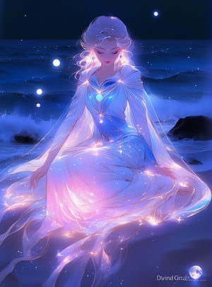 a woman sitting on top of a sandy beach next to the ocean, moon goddess, emanating magic from her palms, elven spirit meditating in space, aura of magic around her, cosmic goddess, emanating with blue aura, divine cosmic female power, by Nele Zirnite, the sailor moon. beautiful, very beautiful fantasy art, sacred feminine