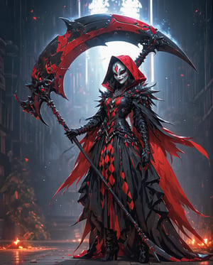 masterpiece, best quality, ultra high resolution, visually stunning, scary art, (Full body), (a stylized harlequin holding a scythe with a Halloween style that captures the attention of the public), (a woman in a red and black outfit and a mask), with a checkered pattern, (a necklace and a hood), badass, realistic, detailed, 4k,aw0k euphoric style,aesthetic portrait,pturbo,monster,Sci-fi ,scythe