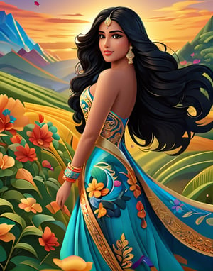 Full body beautiful miss India with long flowy black hair blowing with the wind, colorful floral tattoos covering her body, walking through a field with flowering vines, work of beauty and complexity with intricate elements that differentiate this imagine from other, 8k UHD, jason naylor style, colorful rendition, curvy_hips, EpicSky,Cubist artwork ,3d style, sunset sky,  amber glow 