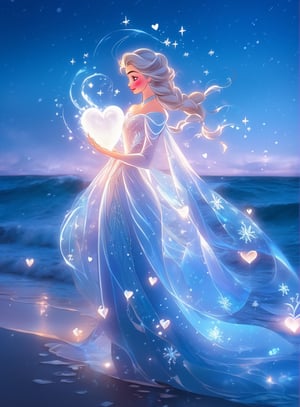 a woman standing on a beach holding a heart, pinterest anime, elsa frozen, by Nele Zirnite, magic heart, glory be to the magic within, beautiful gorgeous digital art, blue lighting. fantasy, very beautiful fantasy art, the ice queen, very beautiful digital art, ice queen, beautiful avatar pictures, beautiful digital artwork, beautiful digital art