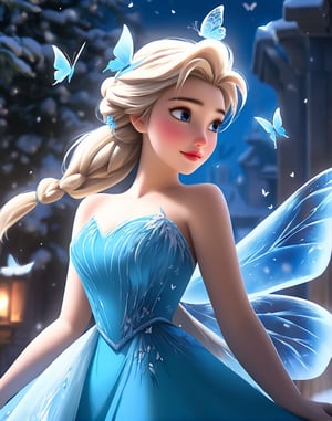 a girl in a blue dress with butterflies flying around her, elsa frozen, pinterest anime, disney art, anime vfx, beautiful elsa, disney princess, beautiful anime art, cgsociety 9, anime picture, beautiful anime style, disney pixar movie still, animated movie still, hd anime wallpaper, portrait of elsa of arendelle, beautiful adult fairy, by Glen, Keane, in winter playing with snow horse