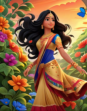 Full body beautiful miss India with long flowy black hair blowing with the wind, colorful floral tattoos covering her body, walking through a field with flowering vines, work of beauty and complexity with intricate elements that differentiate this imagine from other, 8k UHD, jason naylor style, colorful rendition, curvy_hips, EpicSky,Cubist artwork ,3d style, sunset sky,  amber glow 