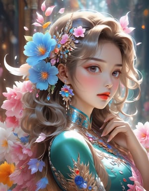 A portrait of a girl in attire and adorned with crystals and flowers, dynamic pose,  anime aesthetic,  realistic color schemes,  uhd image,  colorful caricature, ,beautymix,cutegirlmix