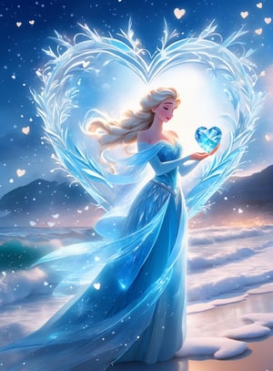 a woman standing on a beach holding a heart, pinterest anime, elsa frozen, by Nele Zirnite, magic heart, glory be to the magic within, beautiful gorgeous digital art, blue lighting. fantasy, very beautiful fantasy art, the ice queen, very beautiful digital art, ice queen, beautiful avatar pictures, beautiful digital artwork, beautiful digital art